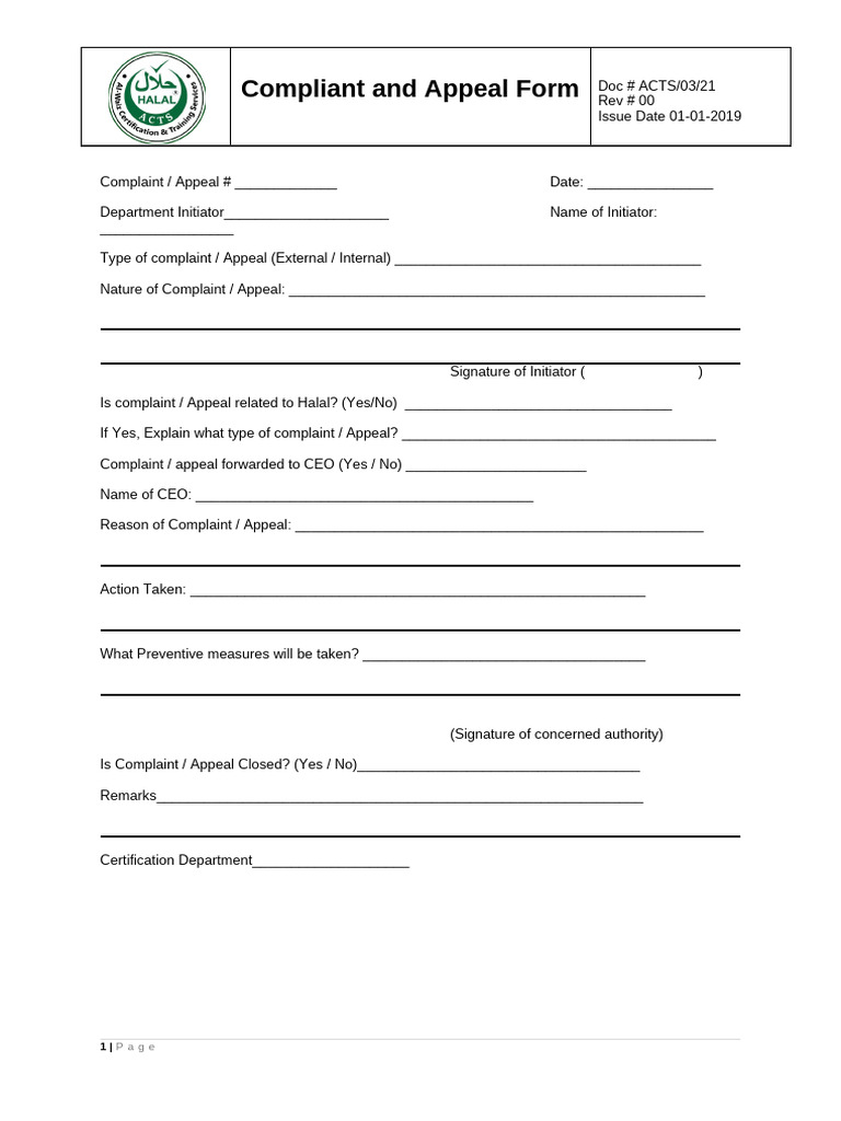 Complaint and Appeal Form Template | PDF