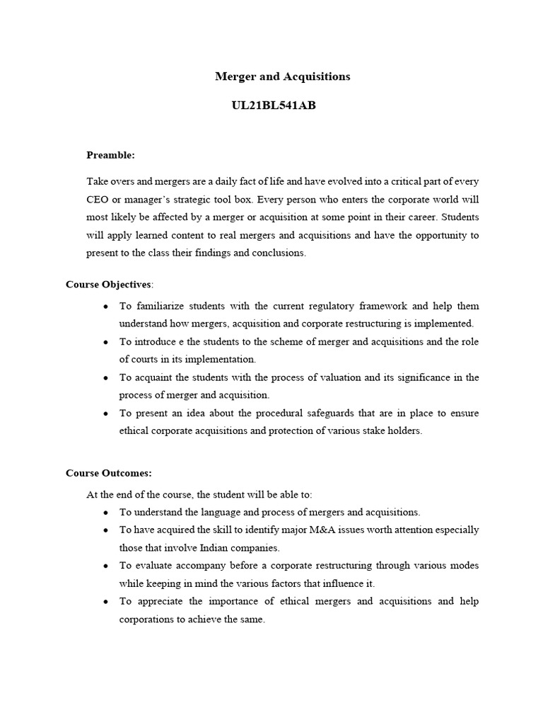 Mergers and Acquisitions Course Overview | PDF | Mergers And ...