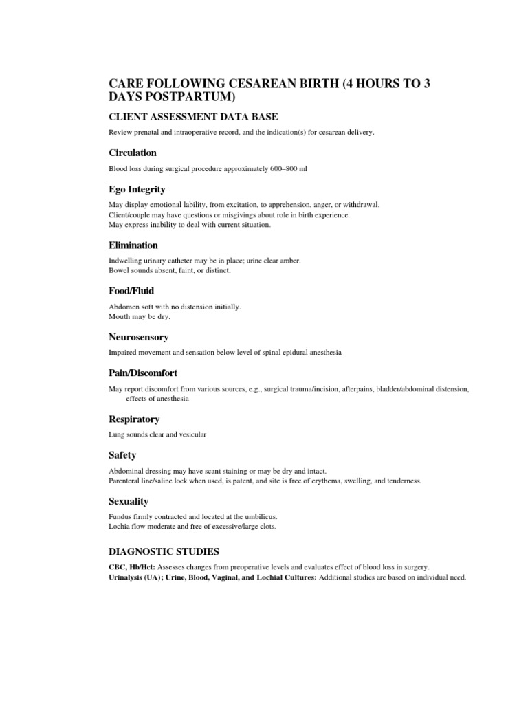 Care Following Cesarean Birth (4 Hours To 3 Days Postpartum) | PDF ...