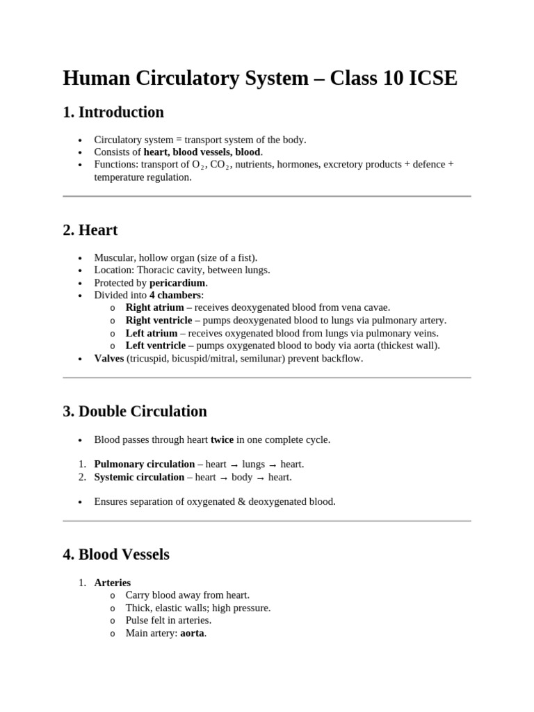 ICSE Class 10 Human Circulatory System | PDF | Circulatory System | Heart