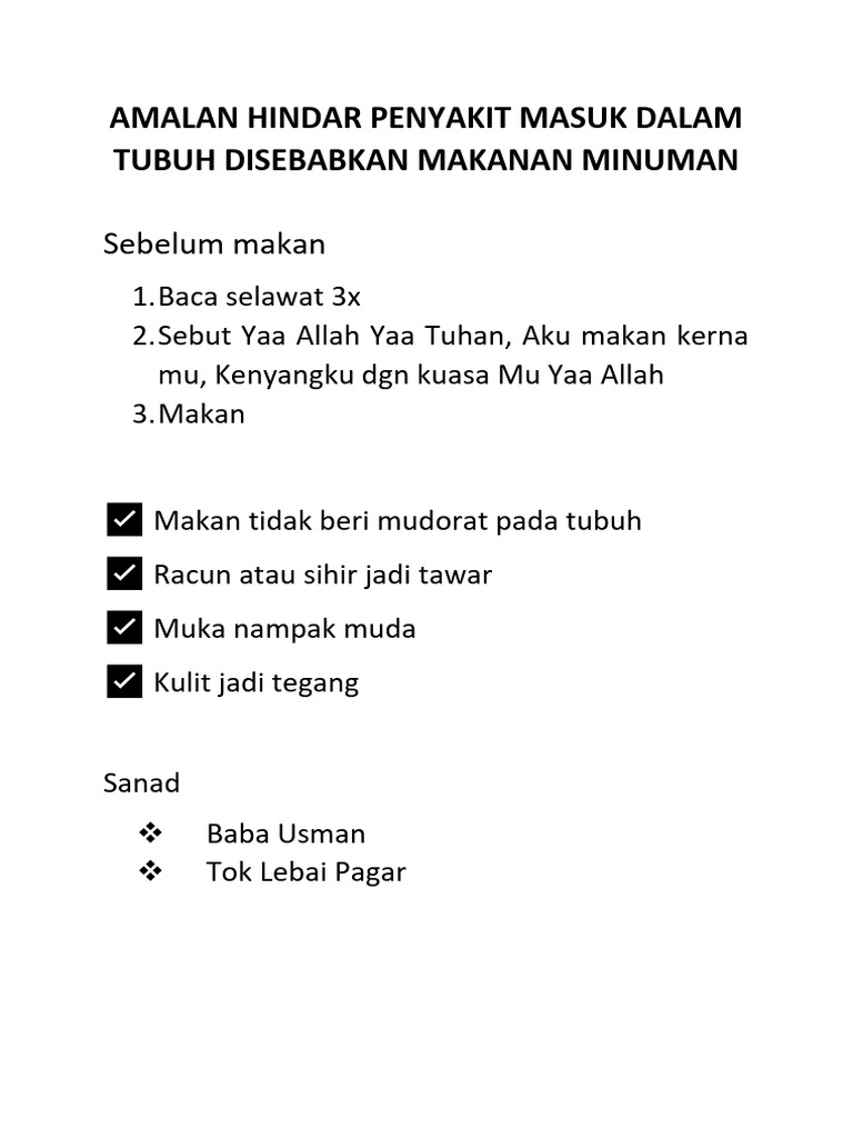 Amalan Hindar Penyakit Masuk Dalam Tubuh Disebabkan Makanan Minuman | PDF