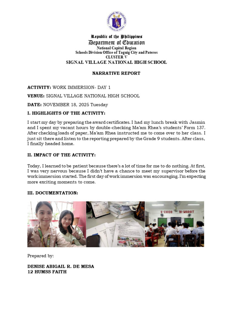 Daily Narrative Report Day 1 | PDF