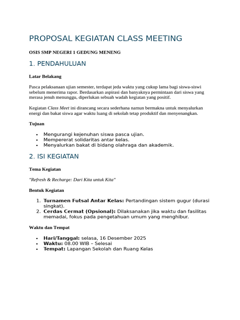Proposal Class Meeting OSIS SMP 1 Gedung Meneng | PDF