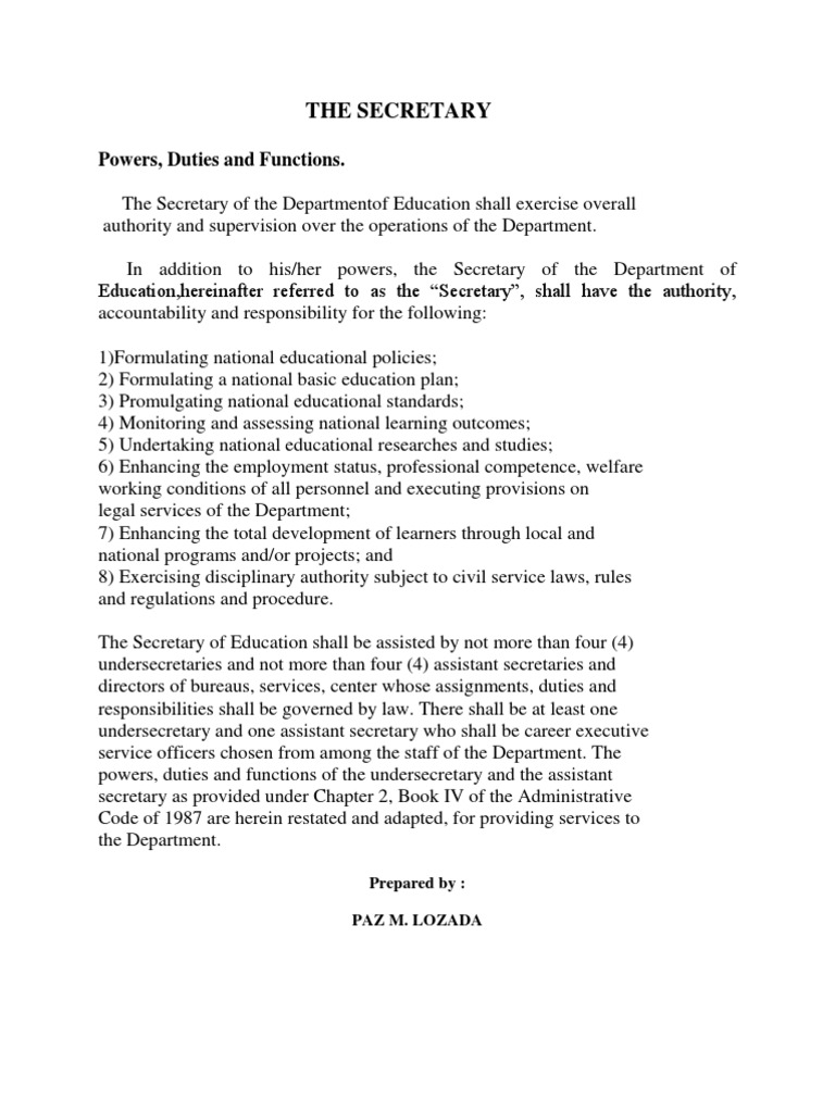 Duties and Functions of Deped Secretary Secretary Government