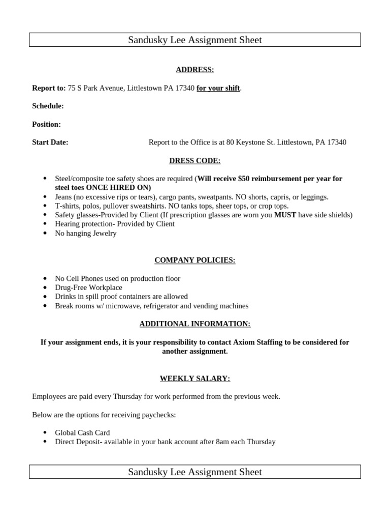 Sandusky Lee Employee Assignment Guide | PDF