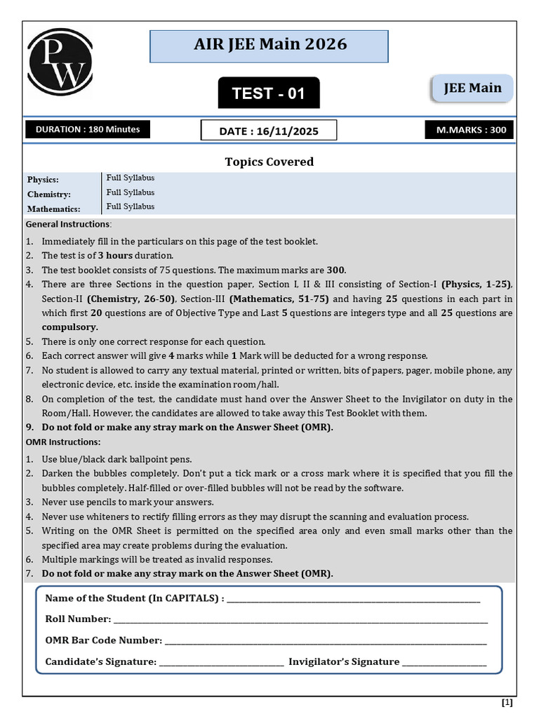 JEE Main 2026 Test Instructions and Syllabus | PDF | Isomer | Velocity