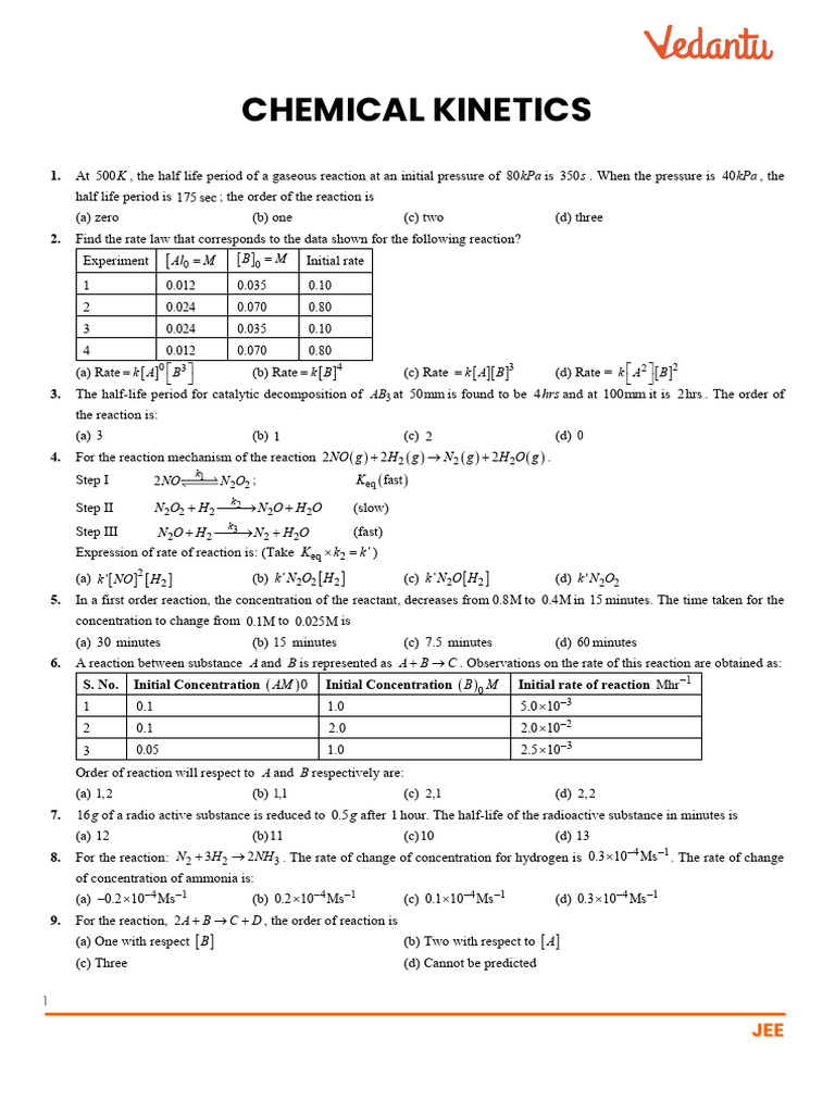 Chemical Kinetics Questions for JEE | PDF | Reaction Rate | Chemical ...