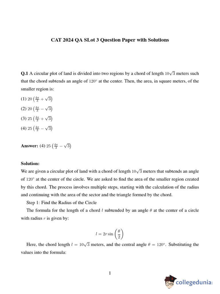 CAT 2024 QA Slot 3 Solutions | PDF | Area | Circle