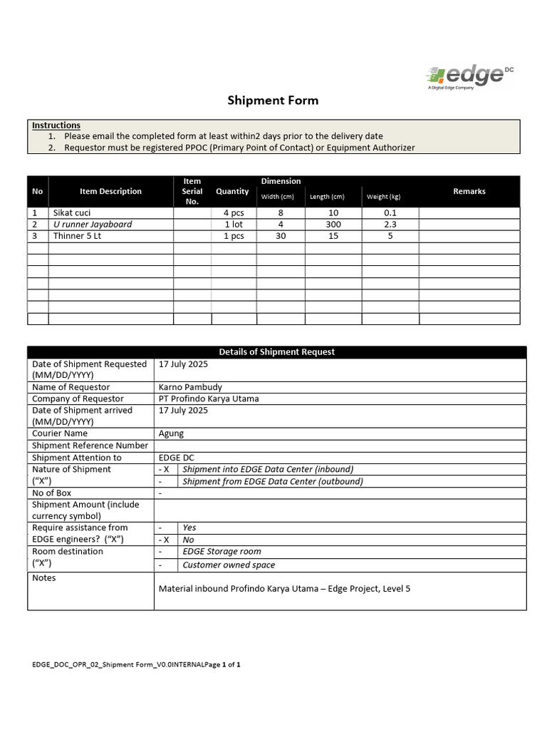 Shipment Form - Material Inbound Profindo | PDF