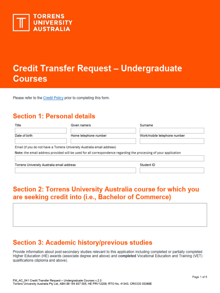 Credit Transfer Request Form - Torrens Uni | PDF | Academic Degree ...