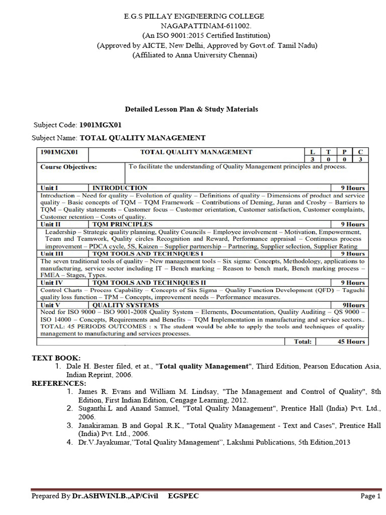 Total Quality Management Lesson Plan | PDF | Quality (Business ...