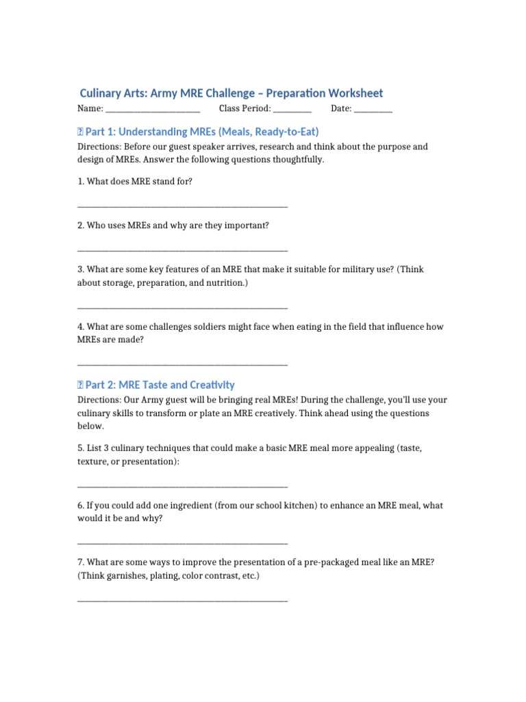 Ava Wolnik - Army MRE Culinary Challenge Worksheet | PDF | Culinary ...