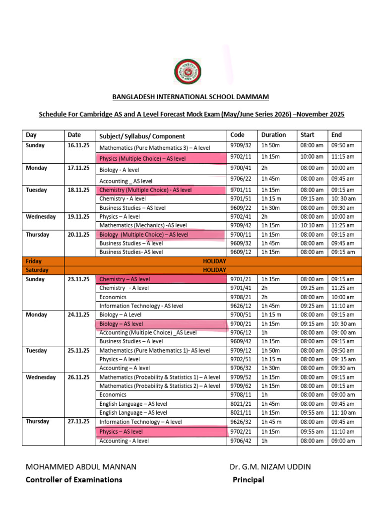 Cambridge AS/A Level Mock Exam Schedule | PDF