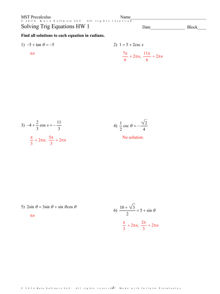 Trigonometric Equations Worksheet | PDF
