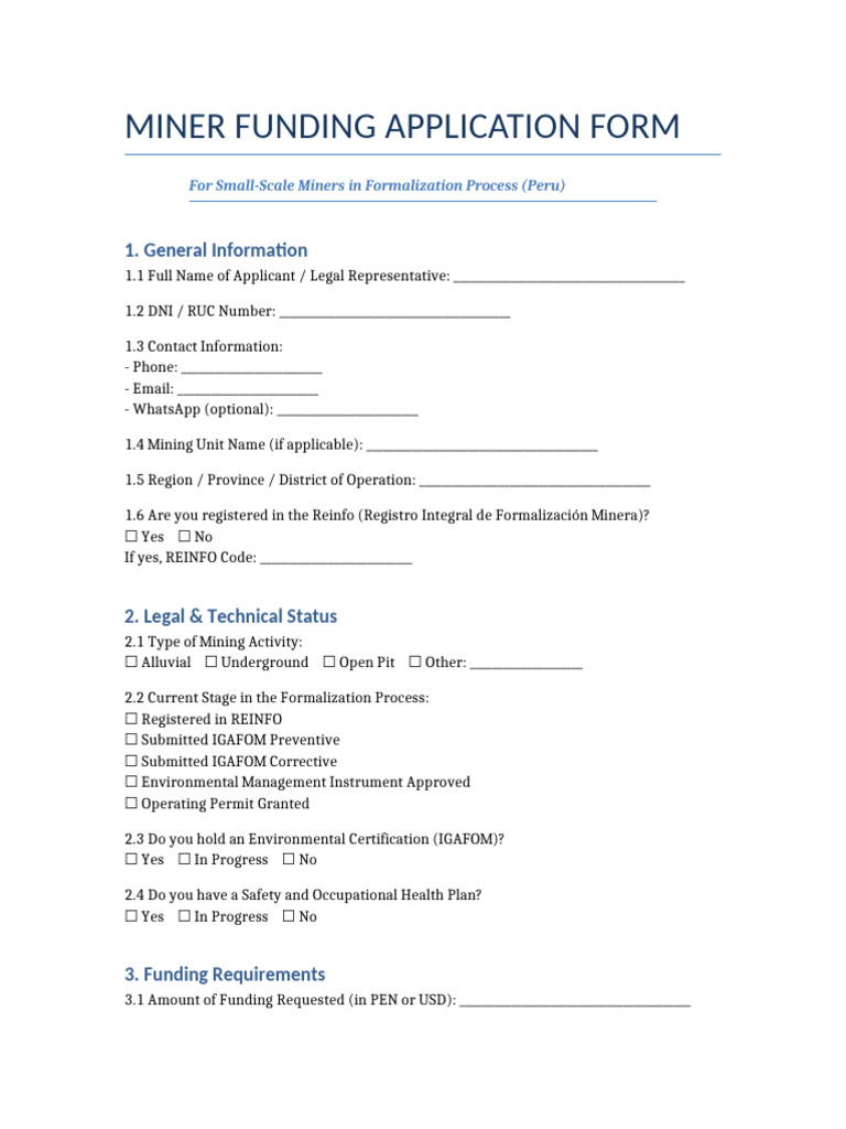 Miner Funding Application Form Peru | PDF | Mining