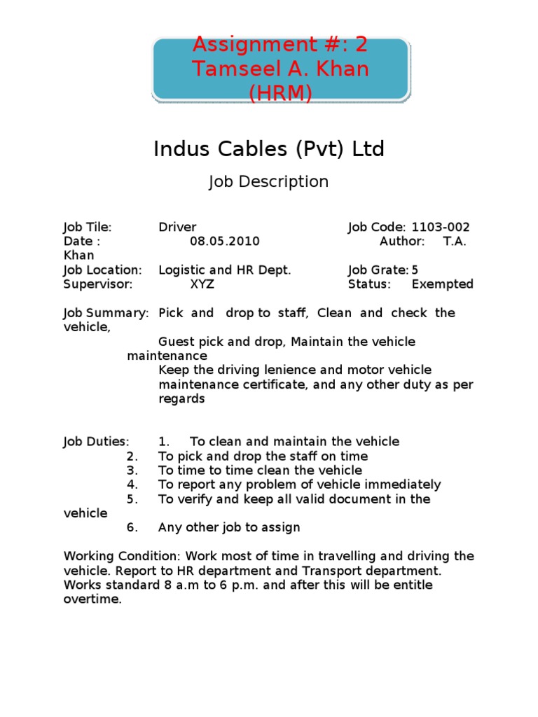 Assignment of Job Description | PDF | Business