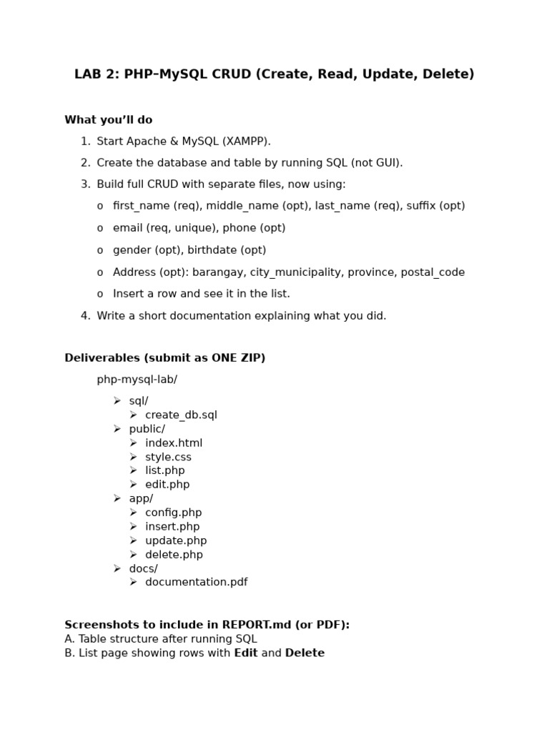 PHP MySQL CRUD Lab Guide | PDF | Databases | Sql