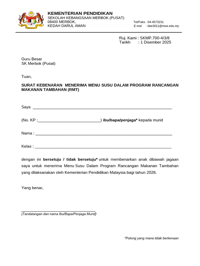 Borang RMT Dan Susu 2026 | PDF