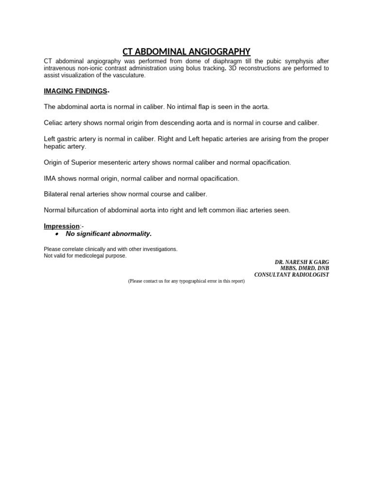 Normal CT Abdominal Angiography Report | PDF