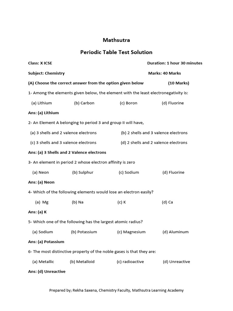 Periodic Table Test Solutions for ICSE X | PDF | Ion | Periodic Table