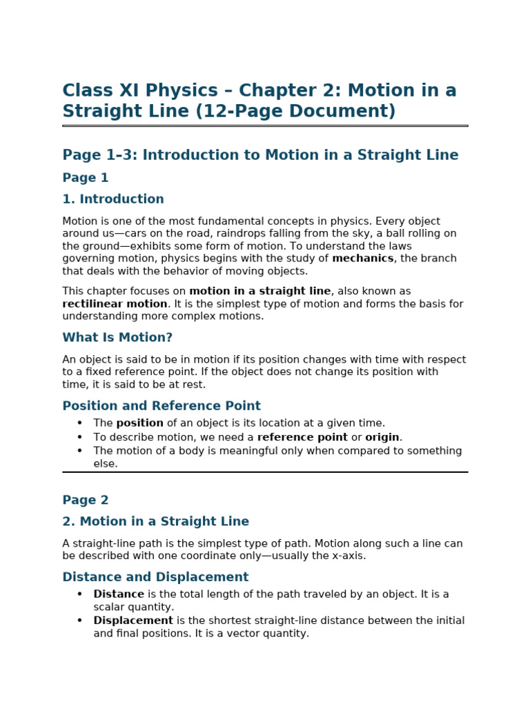 Motion in a Straight Line: Class XI Physics | PDF | Velocity | Acceleration