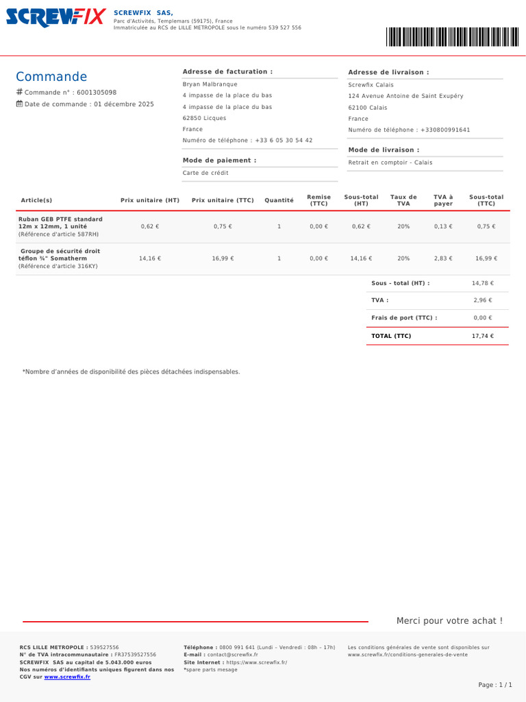 Commande Screwfix : Détails et Facture | PDF | Taxe sur la valeur ...