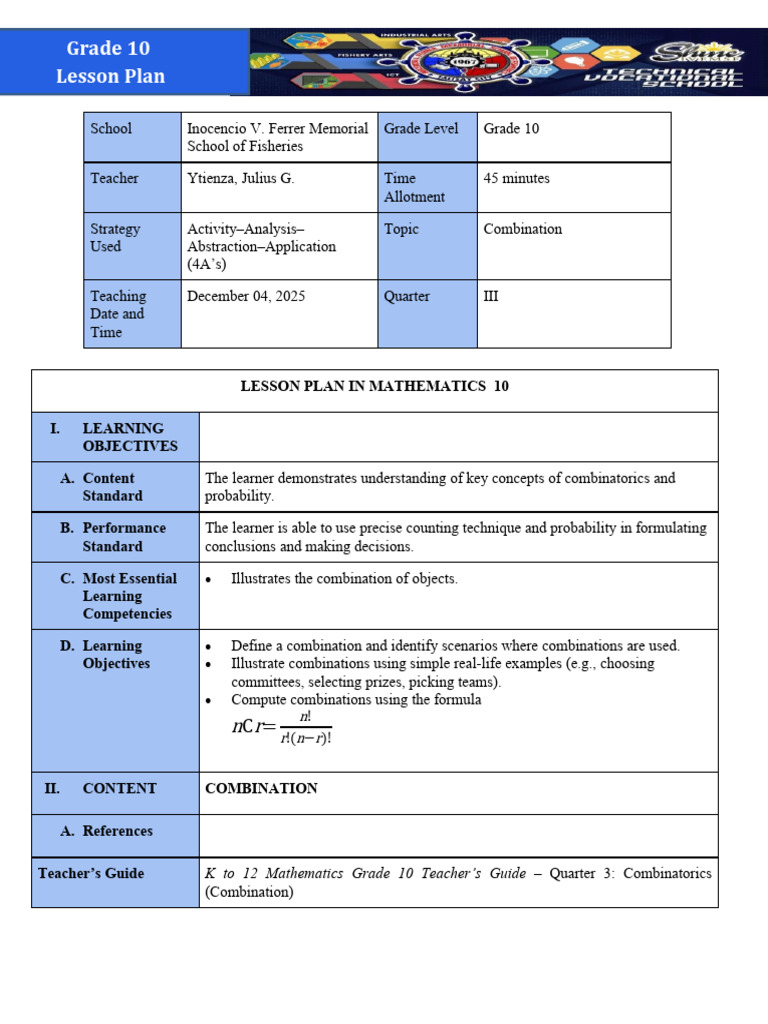 Grade 10 Mathematics Lesson Plan: Combinations | PDF | Learning ...