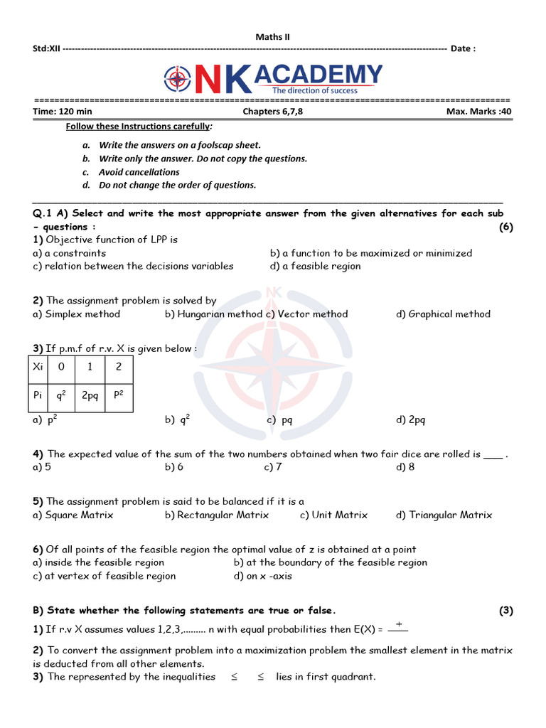 Maths II Exam Paper for Std XII | PDF | Mathematical Optimization ...