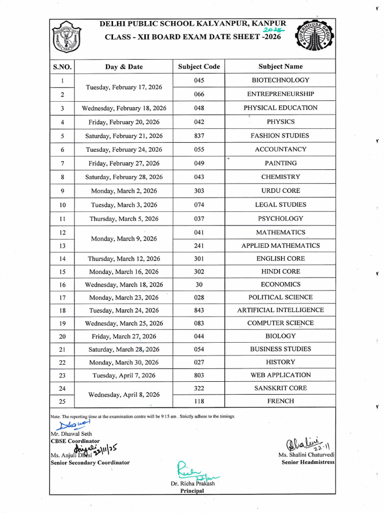 DPS Kalyanpur Class XII Exam Dates 2026 | PDF | Schools | Educational ...