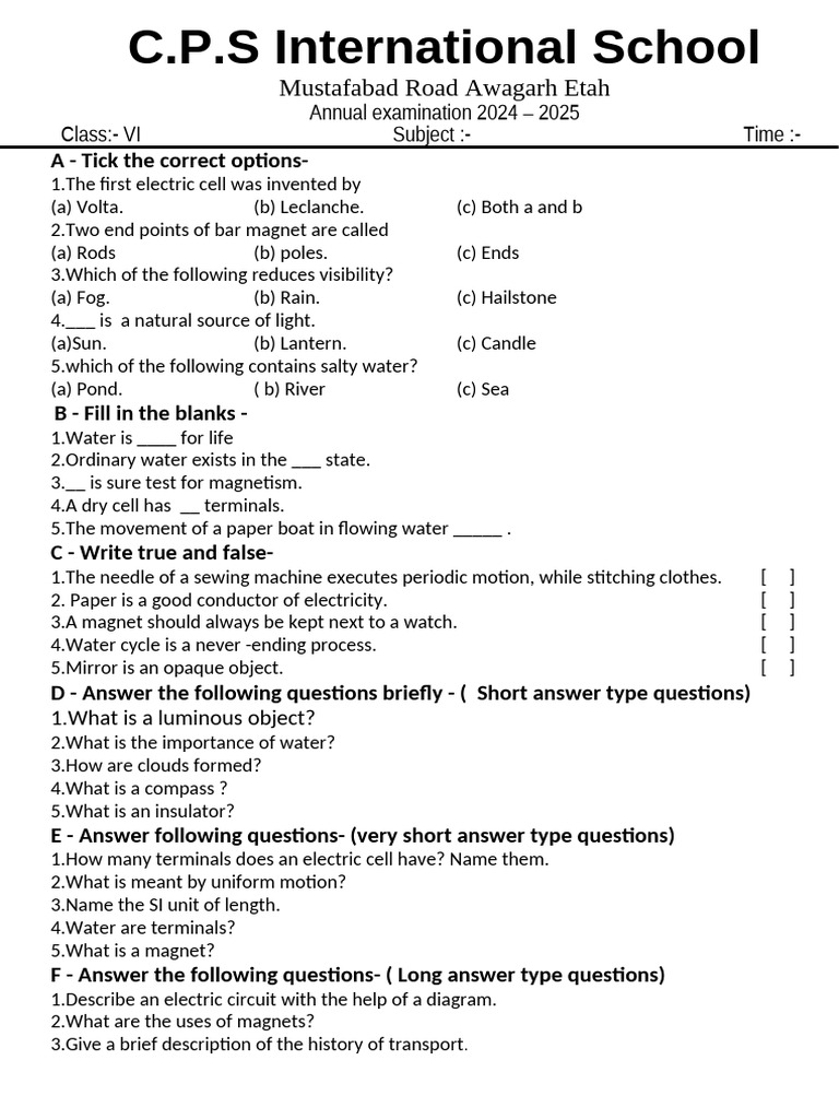 Class VI Annual Exam Questions 2024-25 | PDF