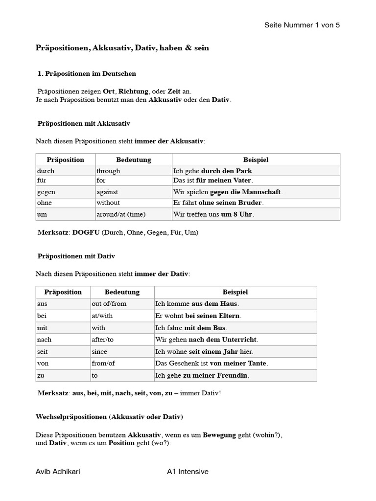 Preposition and Reln With Akk, Nom and Dativ | PDF