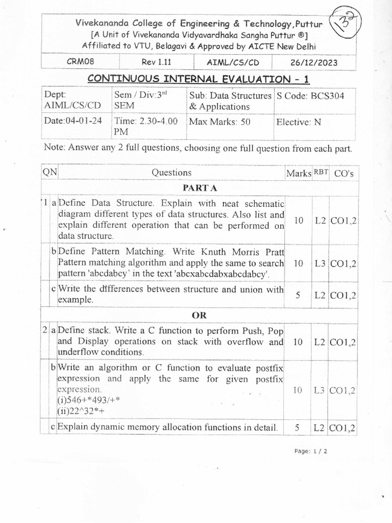 Continuous Internal Evaluation - CS | PDF | Mathematical Logic ...