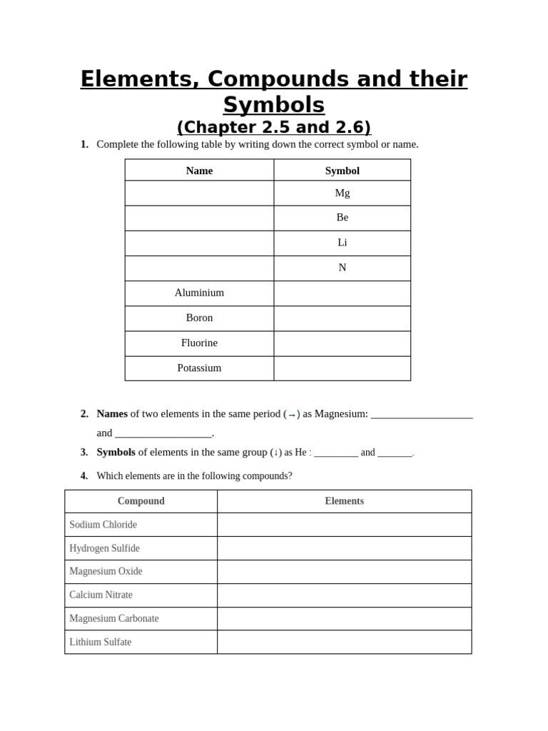Elements, Atoms and Symbols Worksheet | PDF