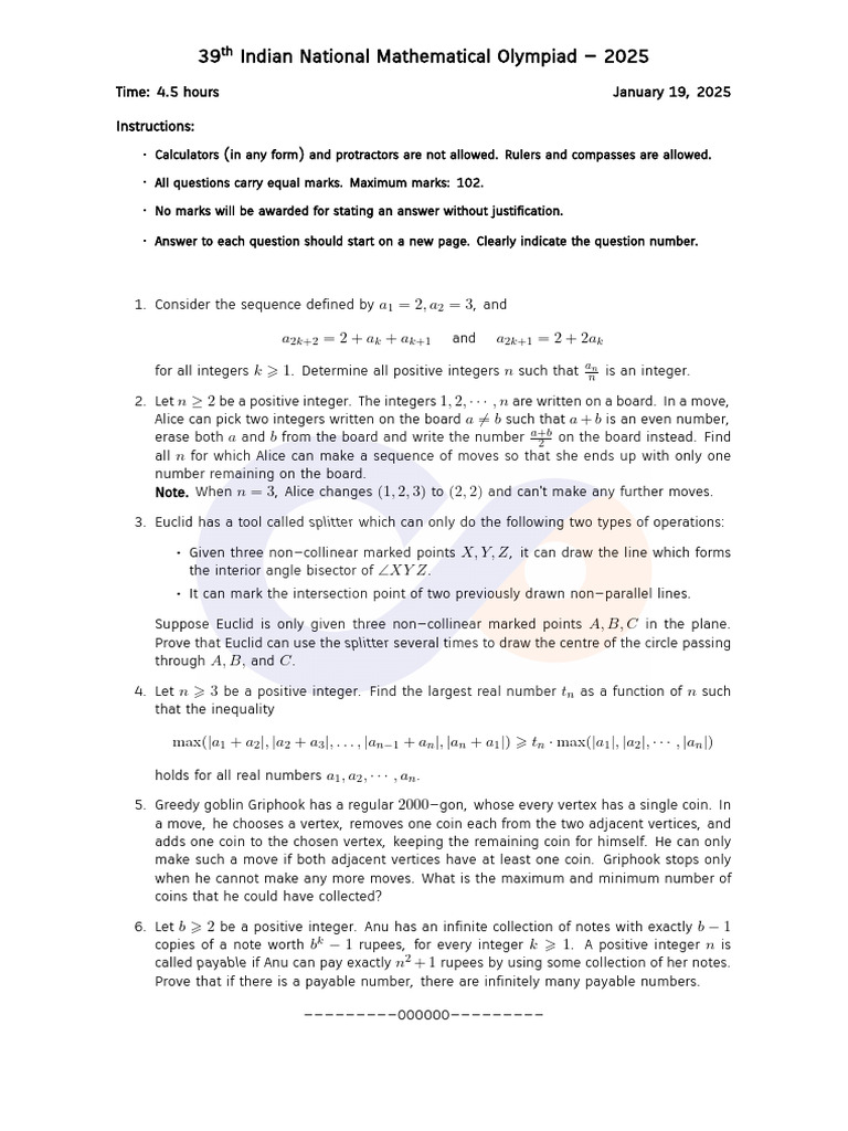 INMO-2025 Question Paper & Solution. | PDF