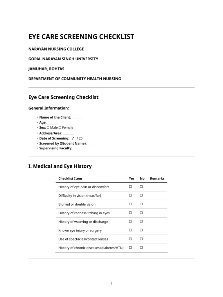 Eye Screening Checklist | PDF | Eye | Vision