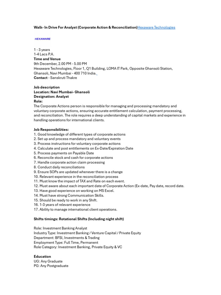 Walk - in Drive For Analyst (Corporate Action & Reconciliation ...