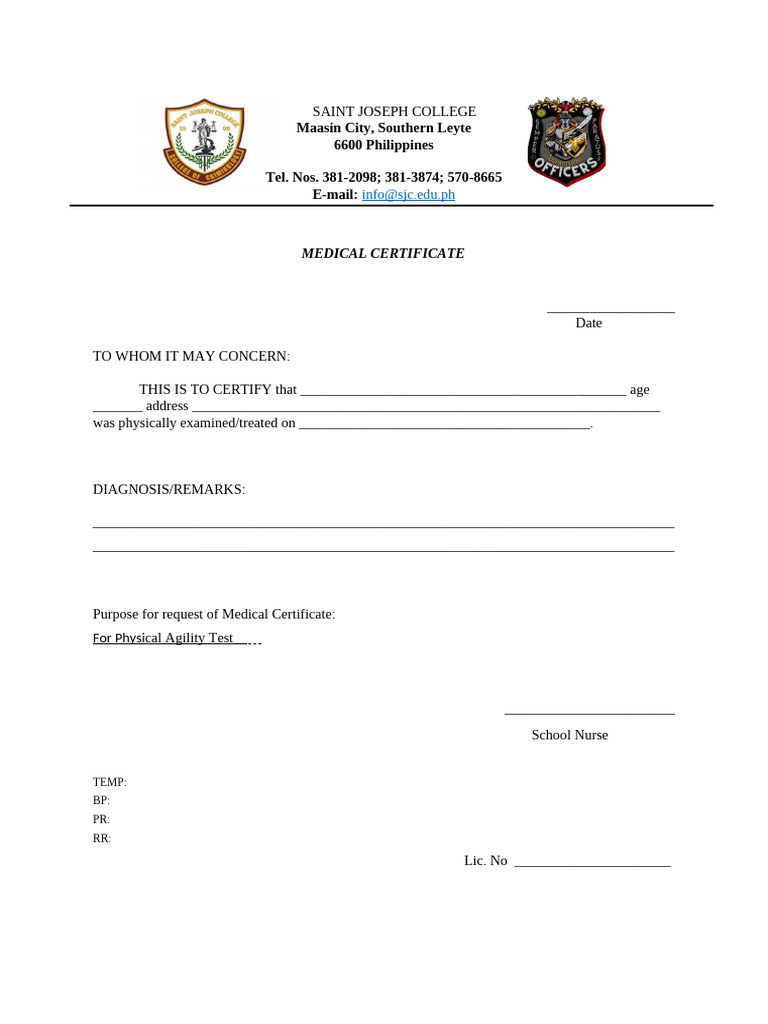 MED CERT For Reception Rites 1st Yeaar | PDF