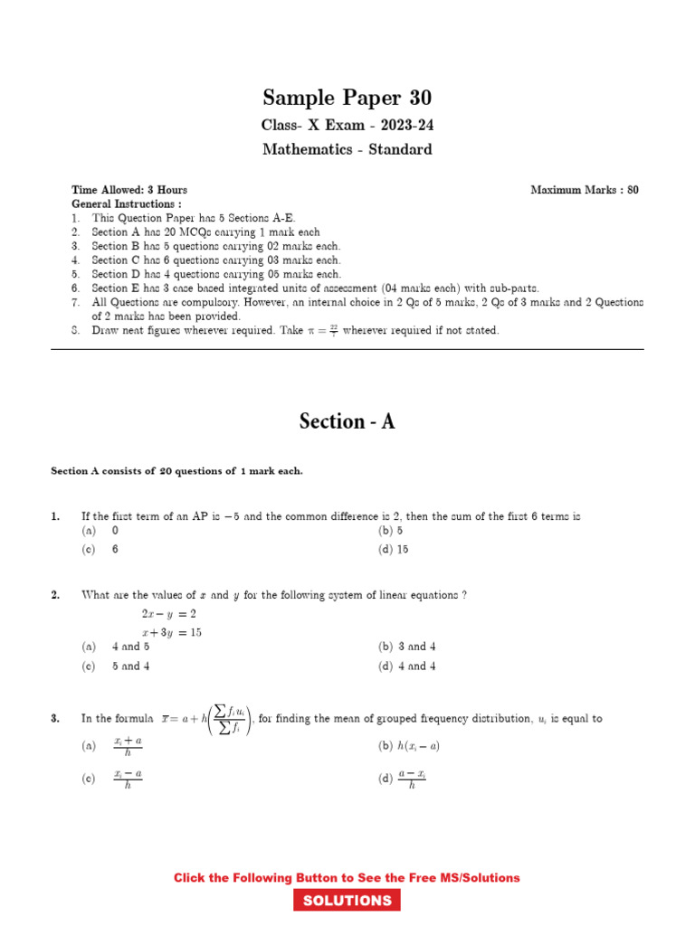 CBSE Class 10 Math Sample Paper 30 | PDF | Area | Polynomial