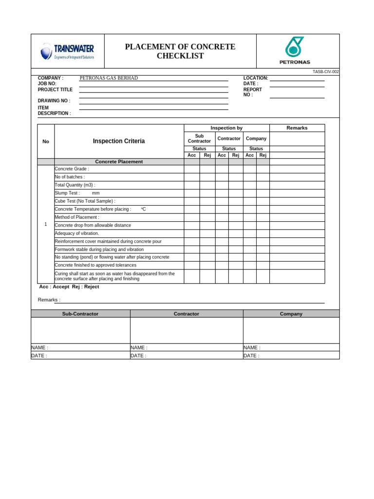 Concrete Placement Inspection Checklist | PDF