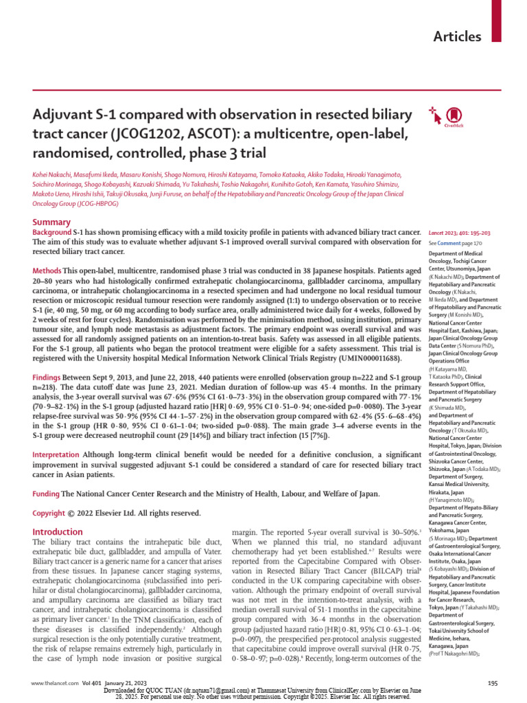 Adjuvant S-1 for Resected Biliary Cancer | PDF | Oncology | Medical ...