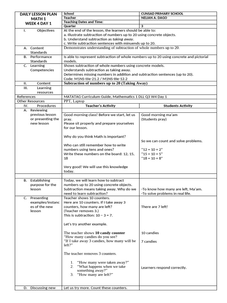 Lesson Plan Grade 1 Math q3 w4 Day2 | PDF | Subtraction | Mathematics