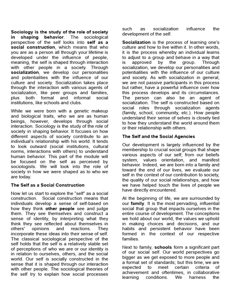The Social Construction of Self in Sociology | PDF | Socialization ...