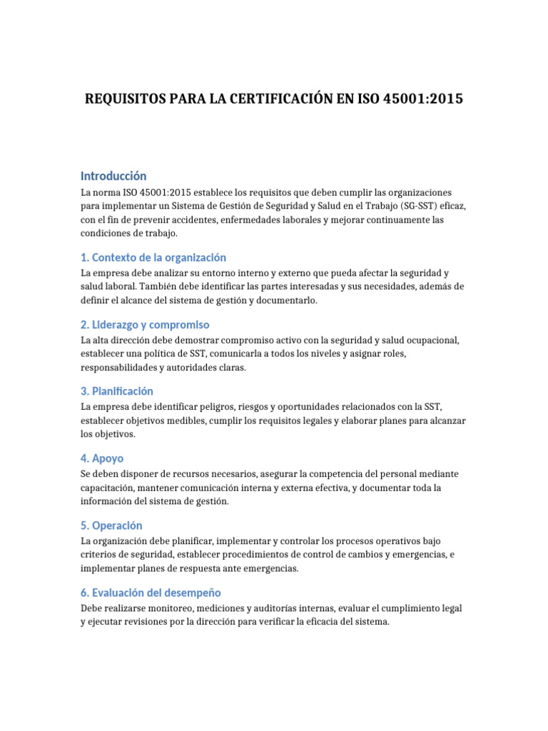 Requisitos para Certificación ISO 45001 | PDF