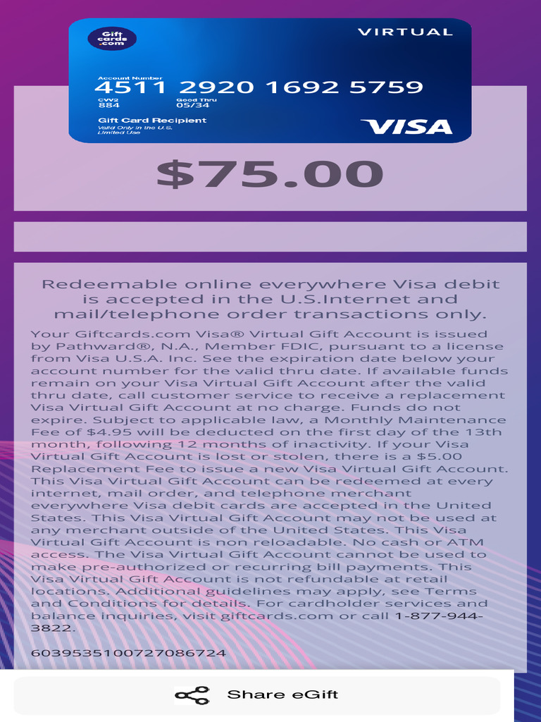 $75 Visa Virtual Gift Account Details | PDF