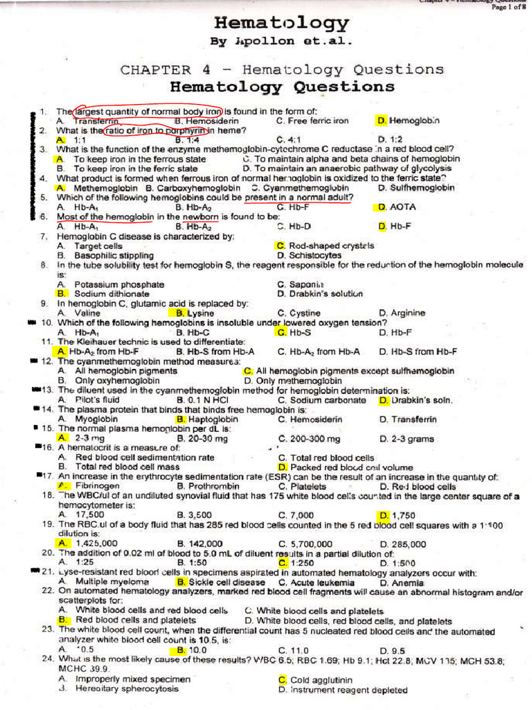 Hematology Study Guide and Quiz Questions | PDF | Anemia | Haematopoiesis