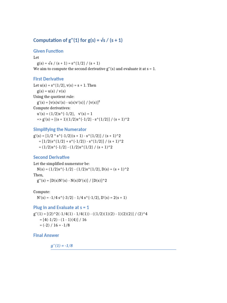 Compute g''(1) for g(s) = √s / (s + 1) | PDF