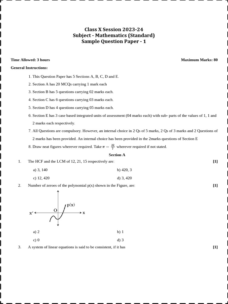 Class X Mathematics Sample Paper 2023 | PDF