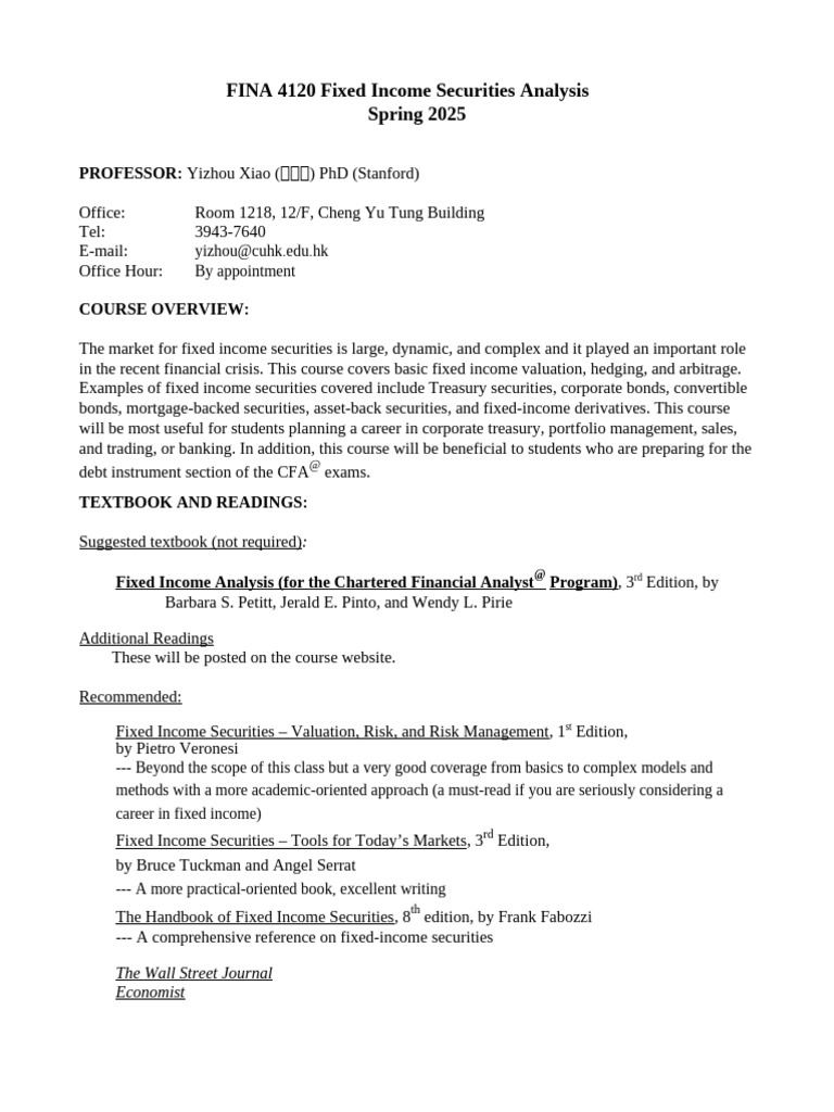 Fixed Income Securities Course Overview | PDF | Fixed Income | Investing