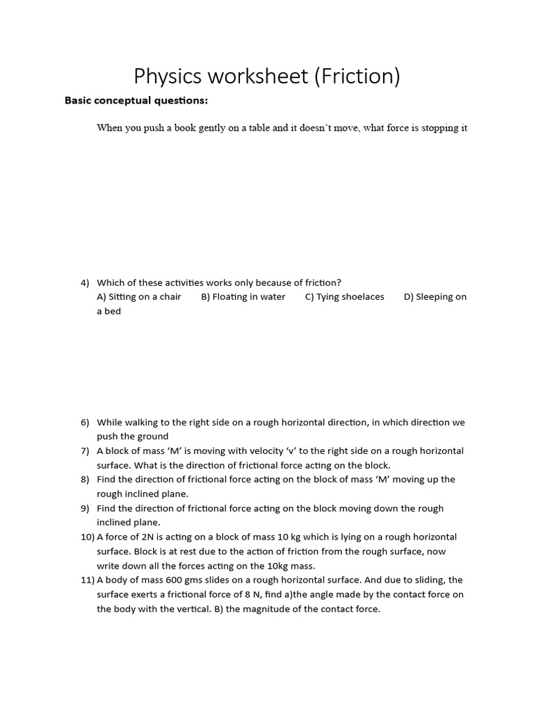 Friction Concepts Worksheet for Students | PDF | Force | Friction