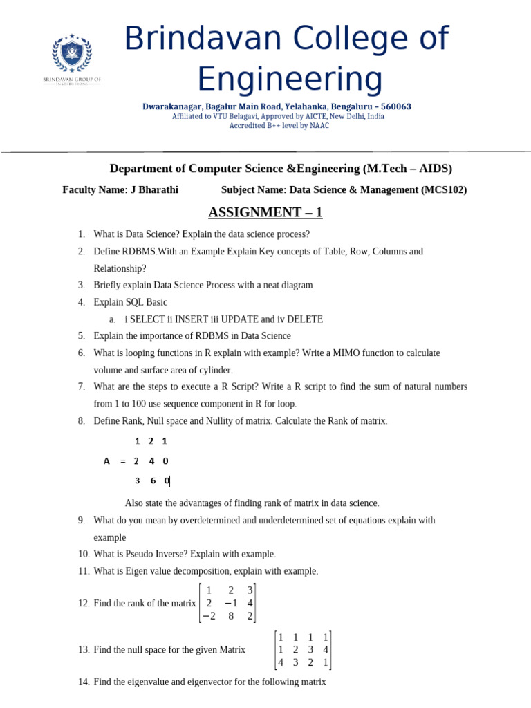 Data Science Assignment Overview | PDF | Matrix (Mathematics ...